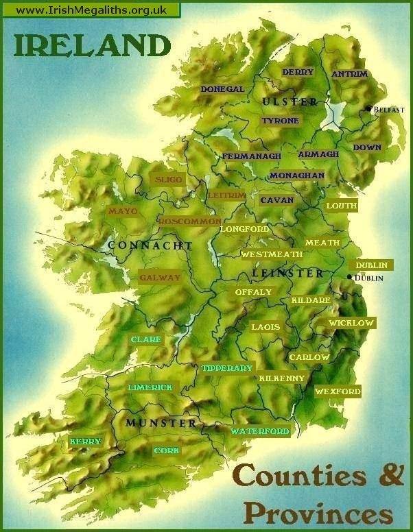 Map of Ireland showing the Counties and historical Provinces,